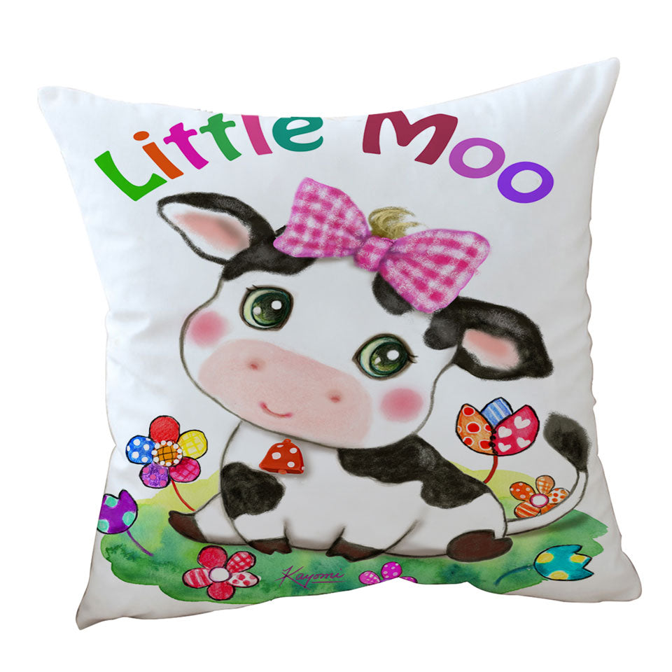 Cute Drawings Room Decor for Kids Little Moo Cow and Flowers Throw Pillow Cover