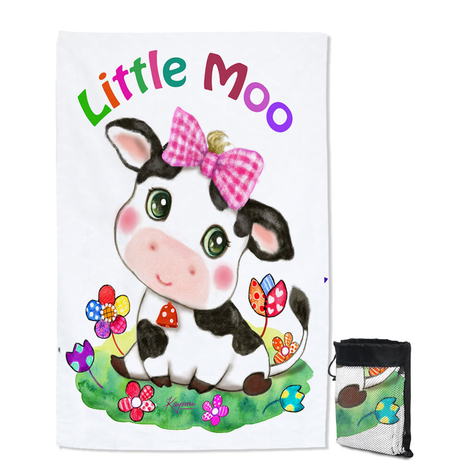 Cute Drawings Swimming Towels for Kids Little Moo Cow and Flowers Quick Dry Beach Towel