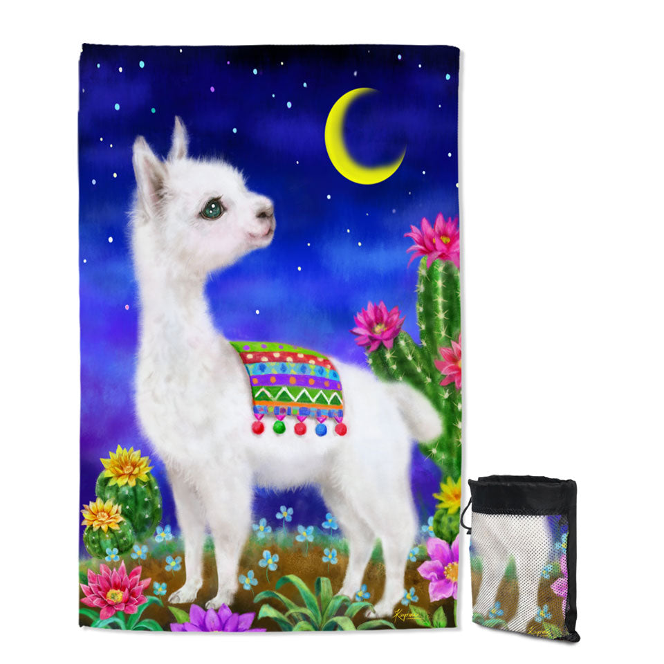 Cute Drawings Trendy Giant Beach Towel for Kids Llama in the Moonlight