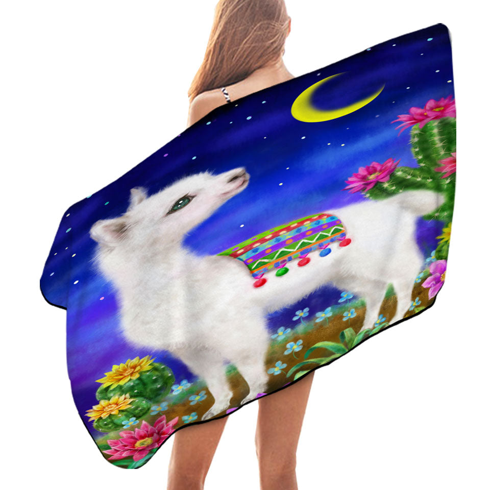 Cute Drawings Trendy Swimming Towels for Kids Llama in the Moonlight
