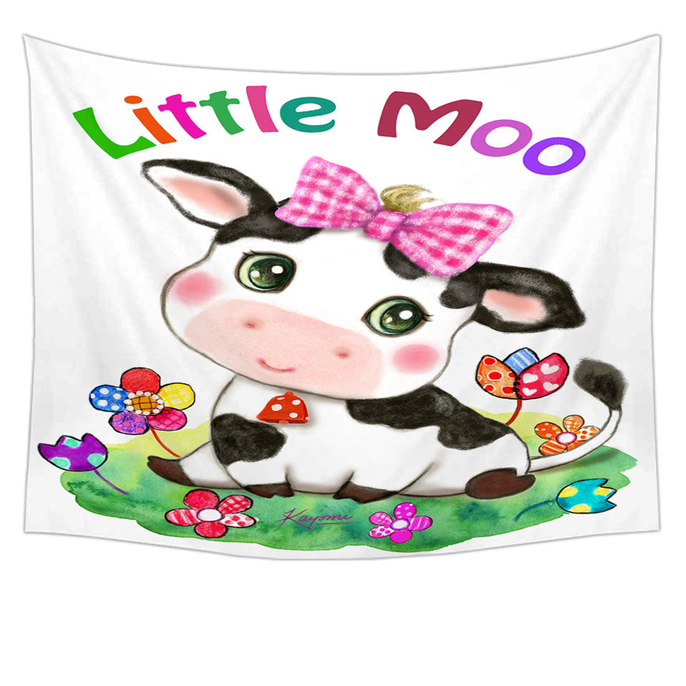 Cute Drawings Wall Tapestry for Kids Little Moo Cow and Flowers