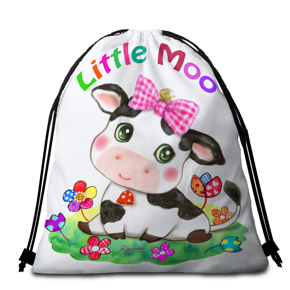 Cute Drawings for Kids Little Moo Cow and Flowers Beach Towel Bags