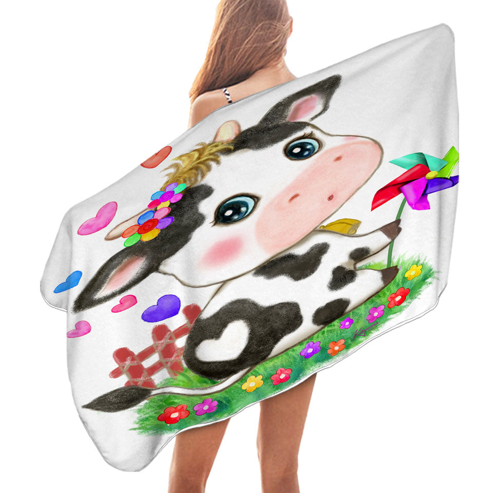 Cute Drawings for Kids Little Moo Heart Cow Microfiber Beach Towel