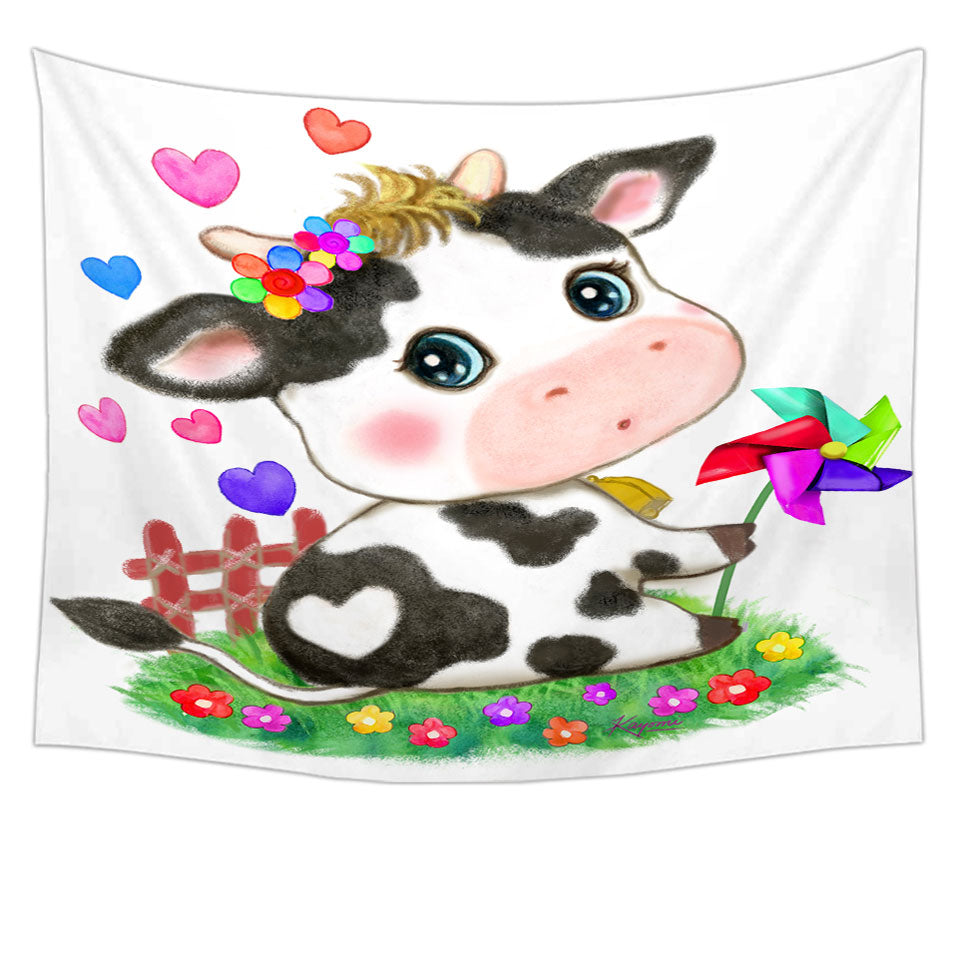 Cute Drawings for Kids Little Moo Heart Cow Tapestry and Wall Decor
