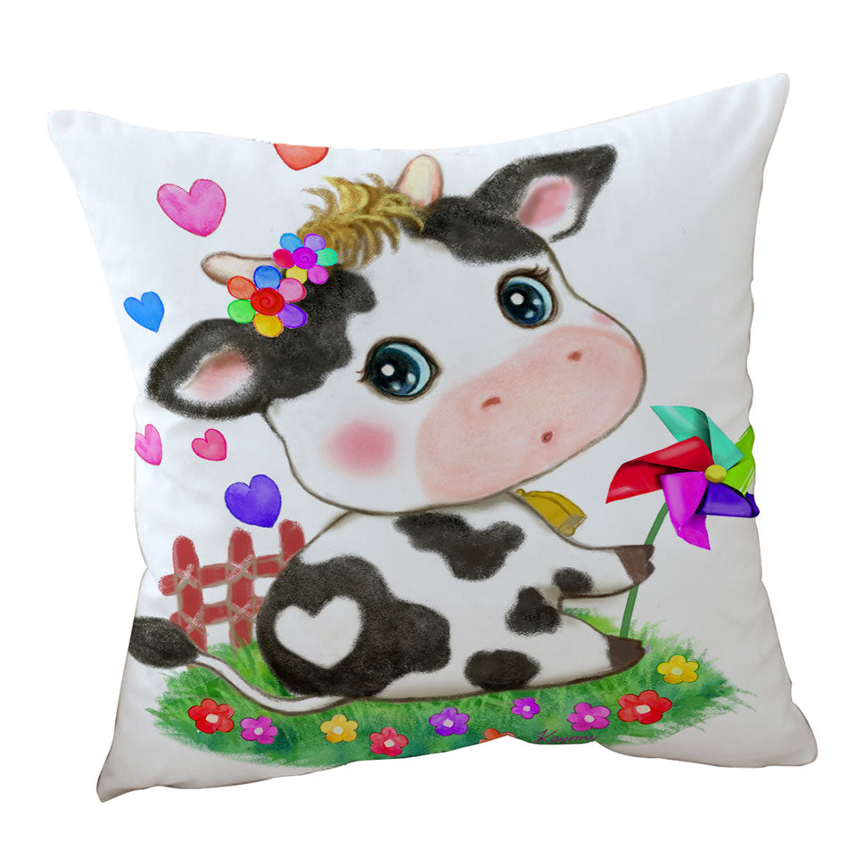 Cute Drawings for Kids Little Moo Heart Cow Throw Pillow