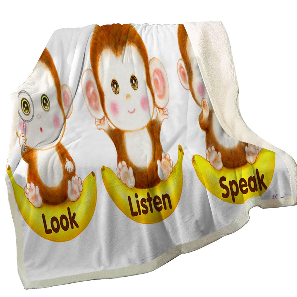 Cute Educational Bananas and Three Monkeys Throw Blanket
