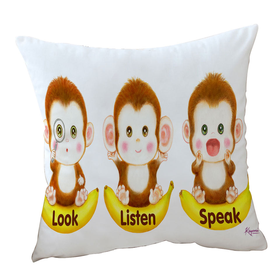 Cute Educational Bananas and Three Monkeys Throw Pillow