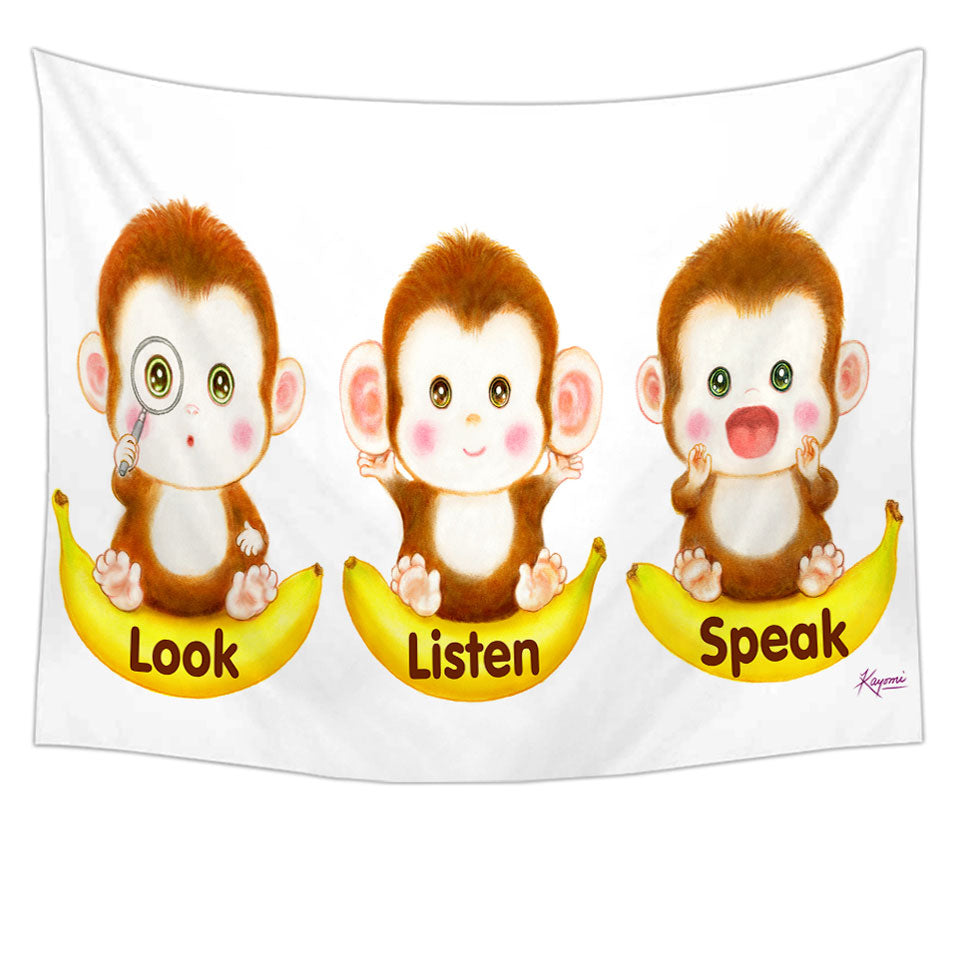 Cute Educational Bananas and Three Monkeys Wall Decor Tapestry