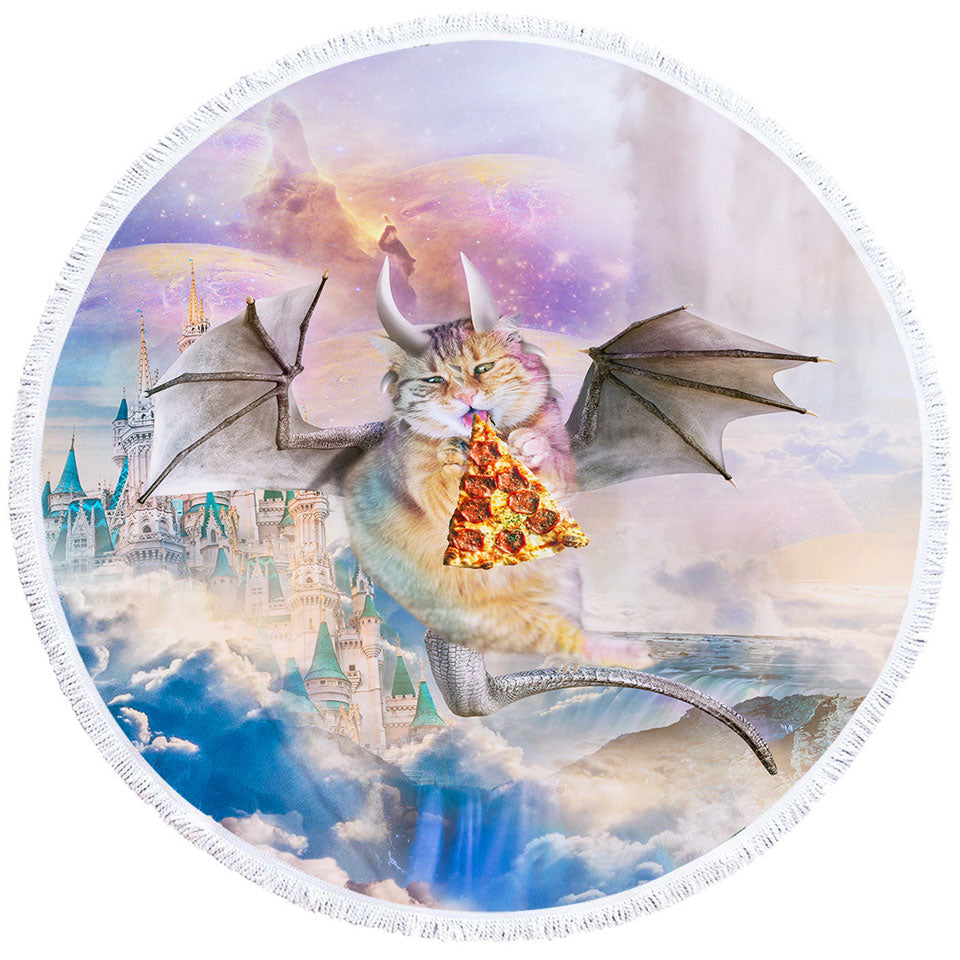 Cute Fantasy Big Beach Towels Art Galaxy Dragon Cat Eating Pizza in Space