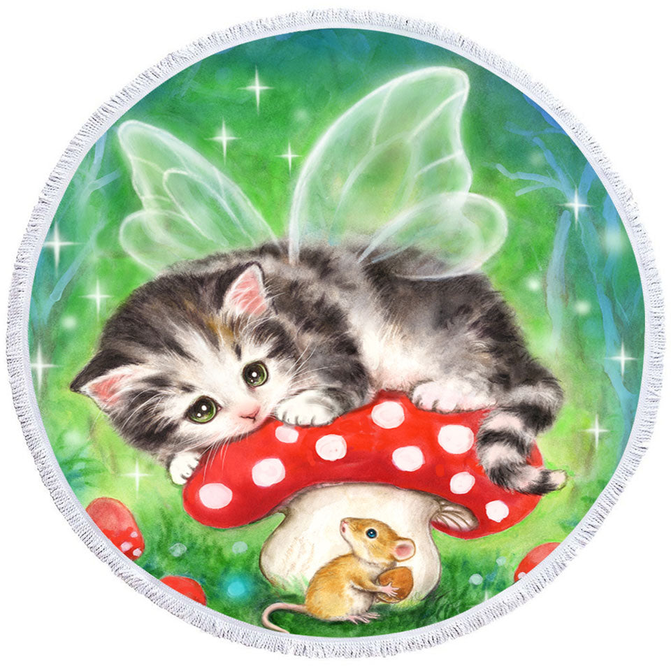 Cute Fantasy Cat Art Kitten Fairy on Mushroom Beach Towels