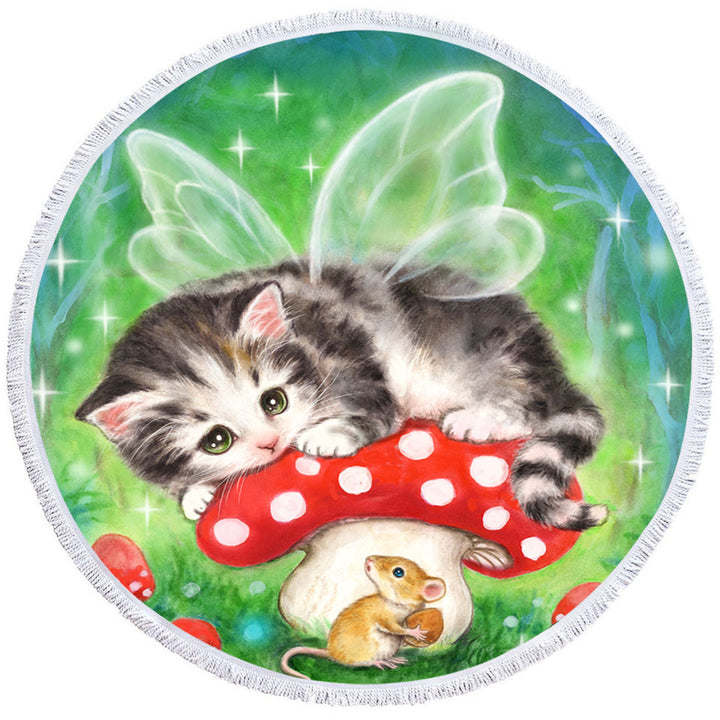 Cute Fantasy Cat Art Kitten Fairy on Mushroom Beach Towels