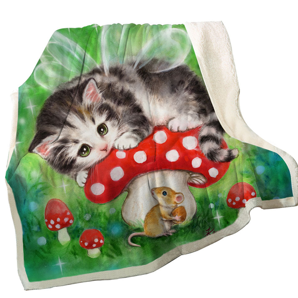 Cute Fantasy Cat Art Kitten Fairy on Mushroom Fleece Blankets