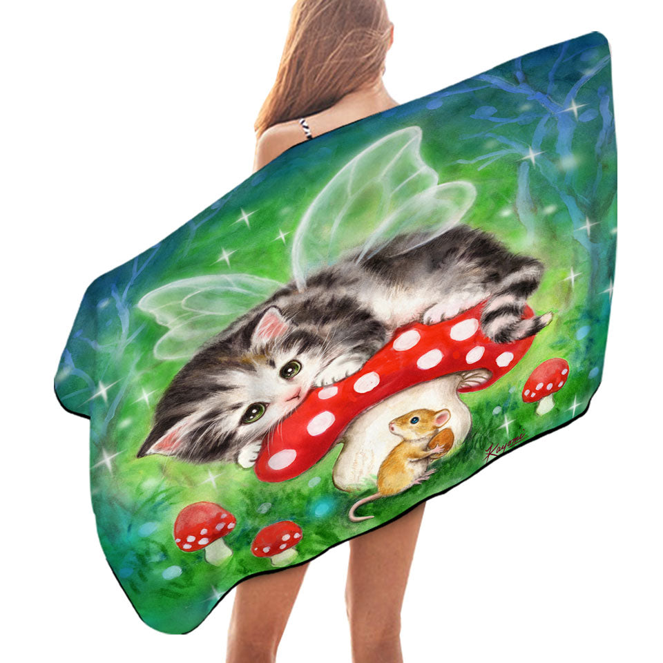 Cute Fantasy Cat Art Kitten Fairy on Mushroom Pool Towels