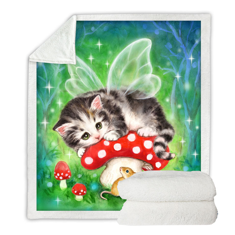 Cute Fantasy Cat Art Kitten Fairy on Mushroom Sherpa Blanket