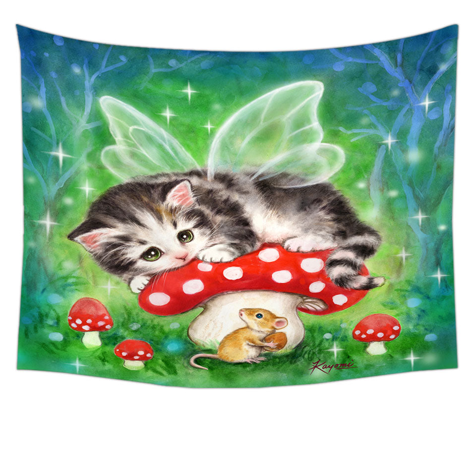 Cute Fantasy Cat Art Kitten Fairy on Mushroom Tapestry