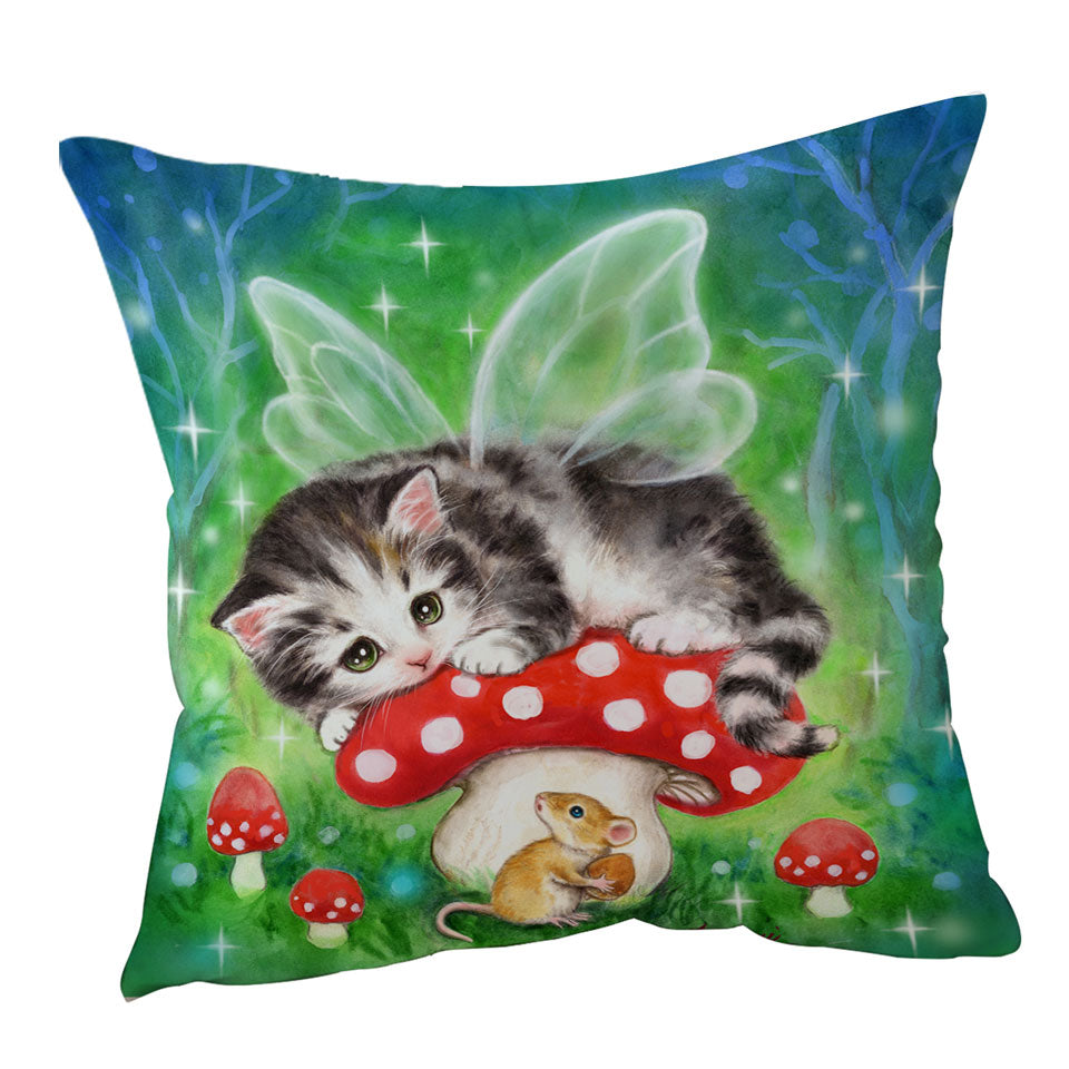 Cute Fantasy Cat Art Kitten Fairy on Mushroom Throw Pillows