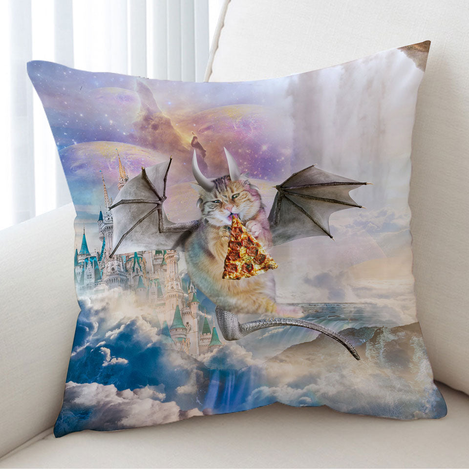 Cute Fantasy Cushions Art Galaxy Dragon Cat Eating Pizza in Space