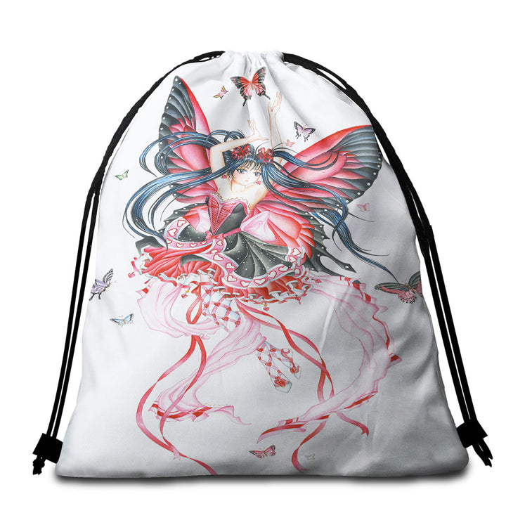Cute Fantasy Drawing Butterfly Girl Beach Towel Bags