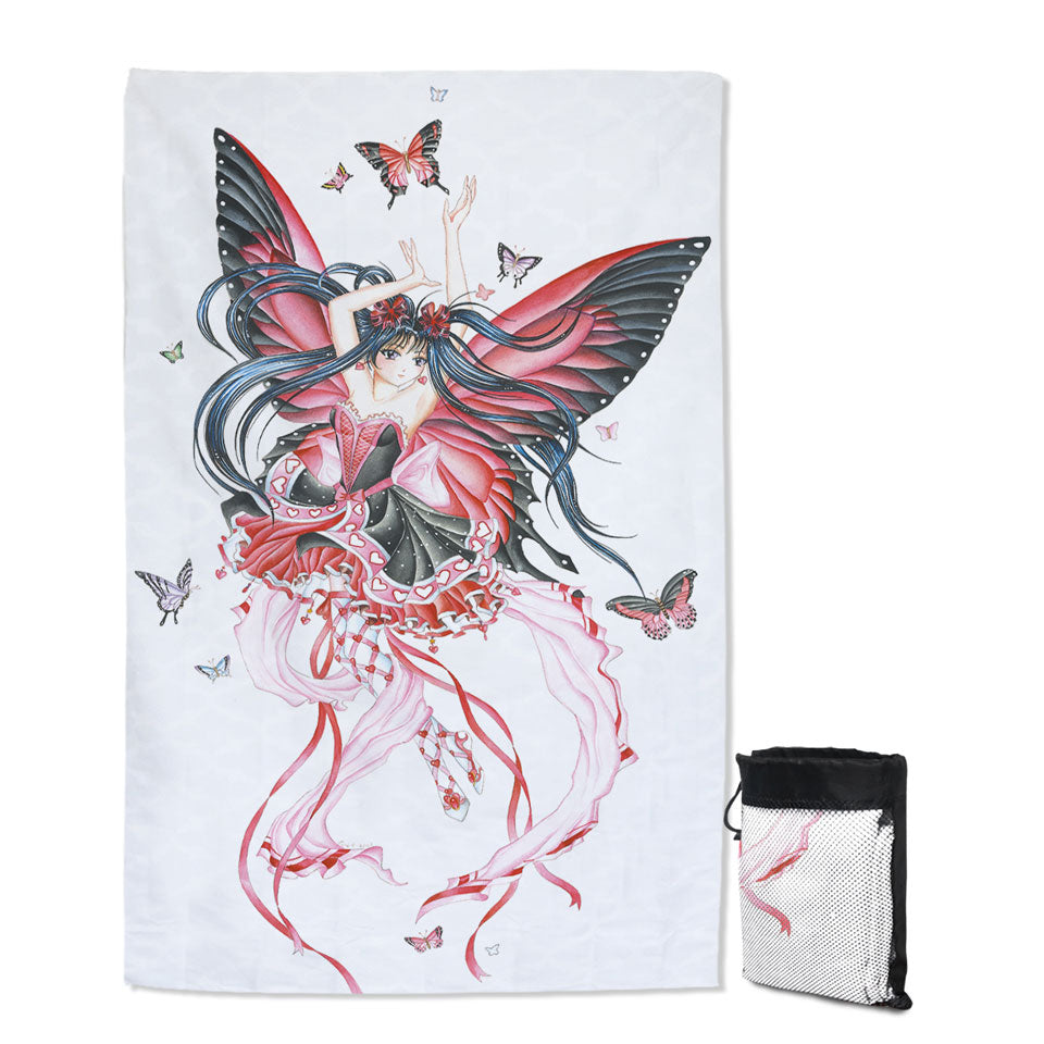 Cute Fantasy Drawing Butterfly Girl Beach Towels