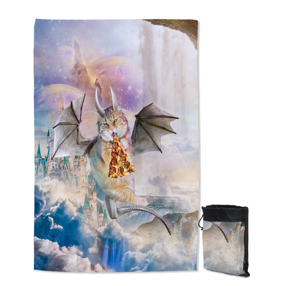 Cute Fantasy Microfiber Towels For Travel Art Galaxy Dragon Cat Eating Pizza in Space