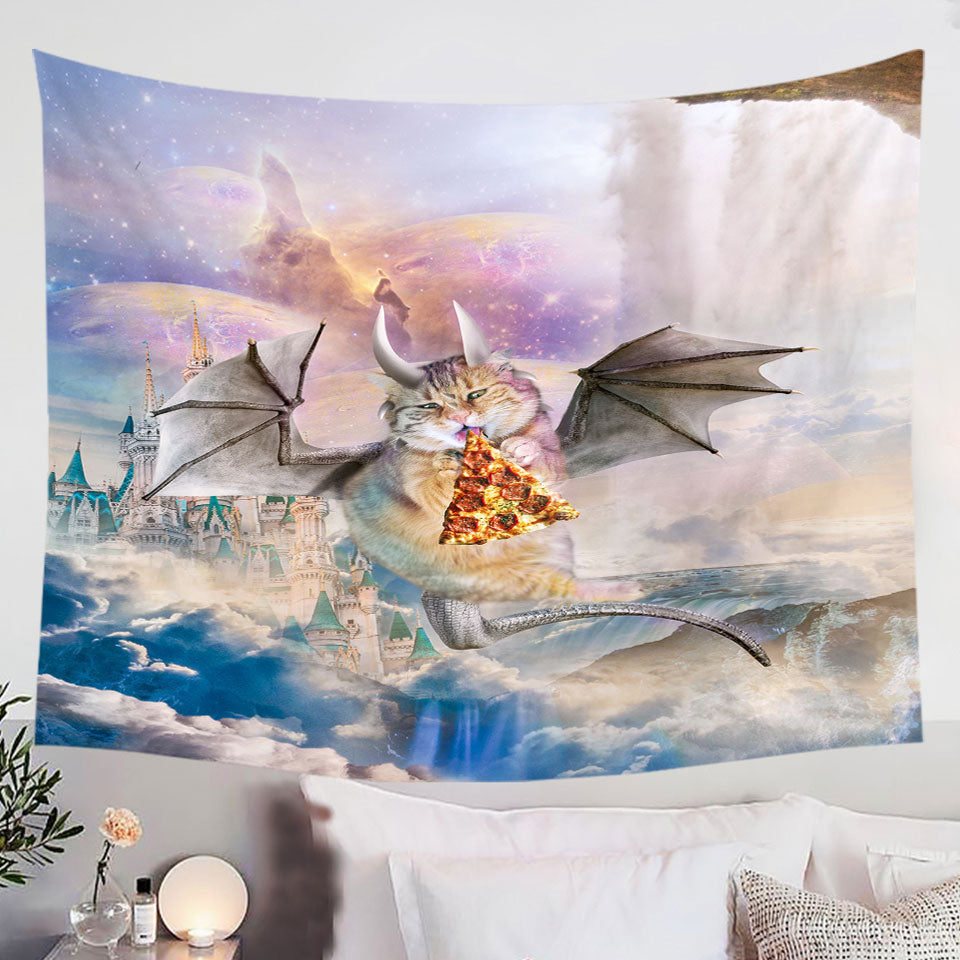Cute-Fantasy-Tapestry-Art-Galaxy-Dragon-Cat-Eating-Pizza-in-Space