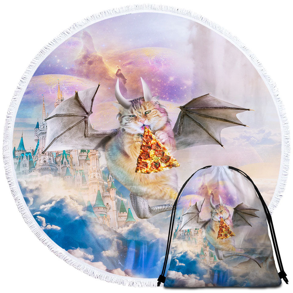 Cute Fantasy Travel Beach Towel Art Galaxy Dragon Cat Eating Pizza in Space