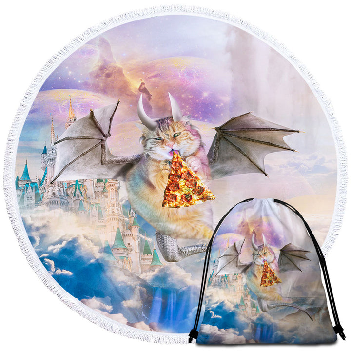 Cute Fantasy Travel Beach Towel Art Galaxy Dragon Cat Eating Pizza in Space