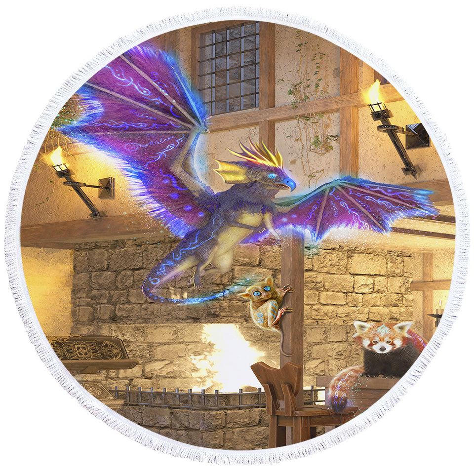 Cute Fictional Creatures Round Beach Towel for Kids