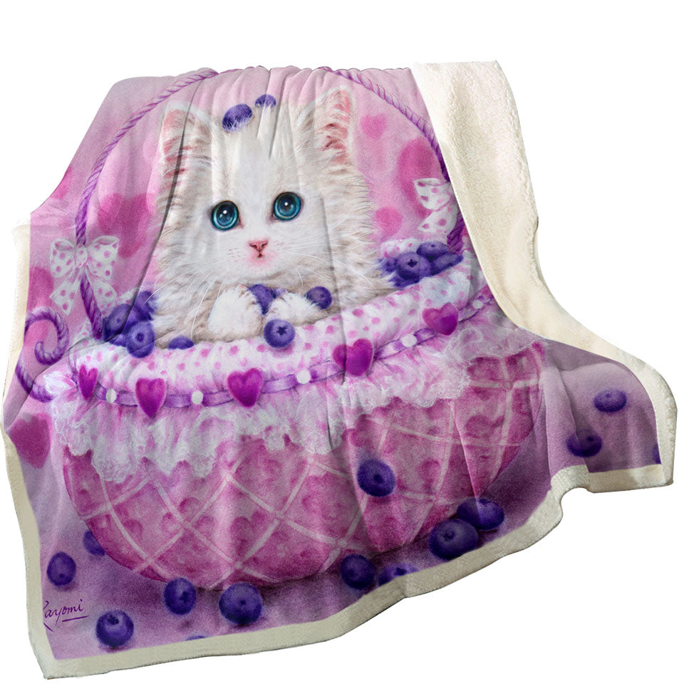 Cute Fleece Blankets Designs for Girls Kitten in Blueberry Basket