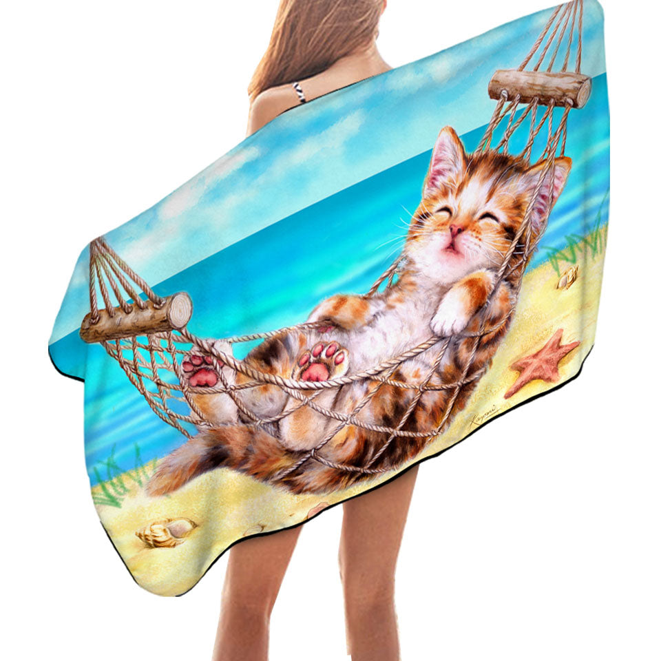 Cute Funny Cat Beach Towels Art Painting Kitten at the Beach
