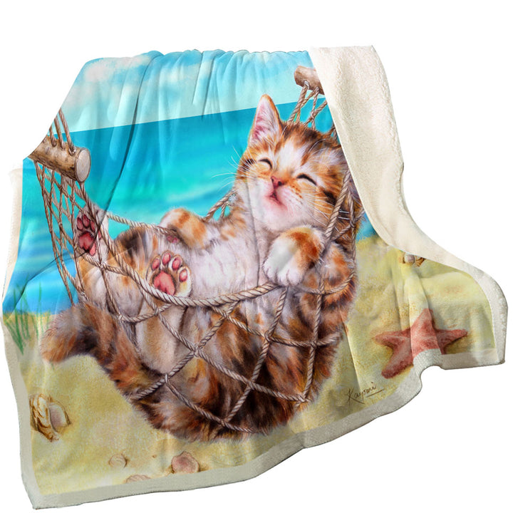 Cute Funny Cat Fleece Blanket Art Painting Kitten at the Beach