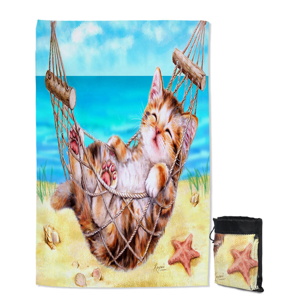 Cute Funny Cat Lightweight Beach Towel Art Painting Kitten at the Beach