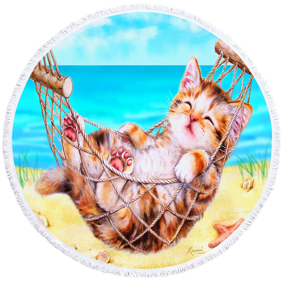 Cute Funny Cat Round Towel Art Painting Kitten at the Beach