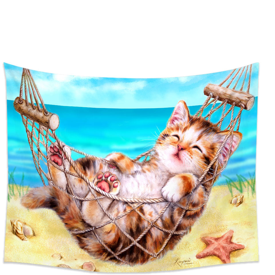 Cute Funny Cat Tapestry Art Painting Kitten at the Beach
