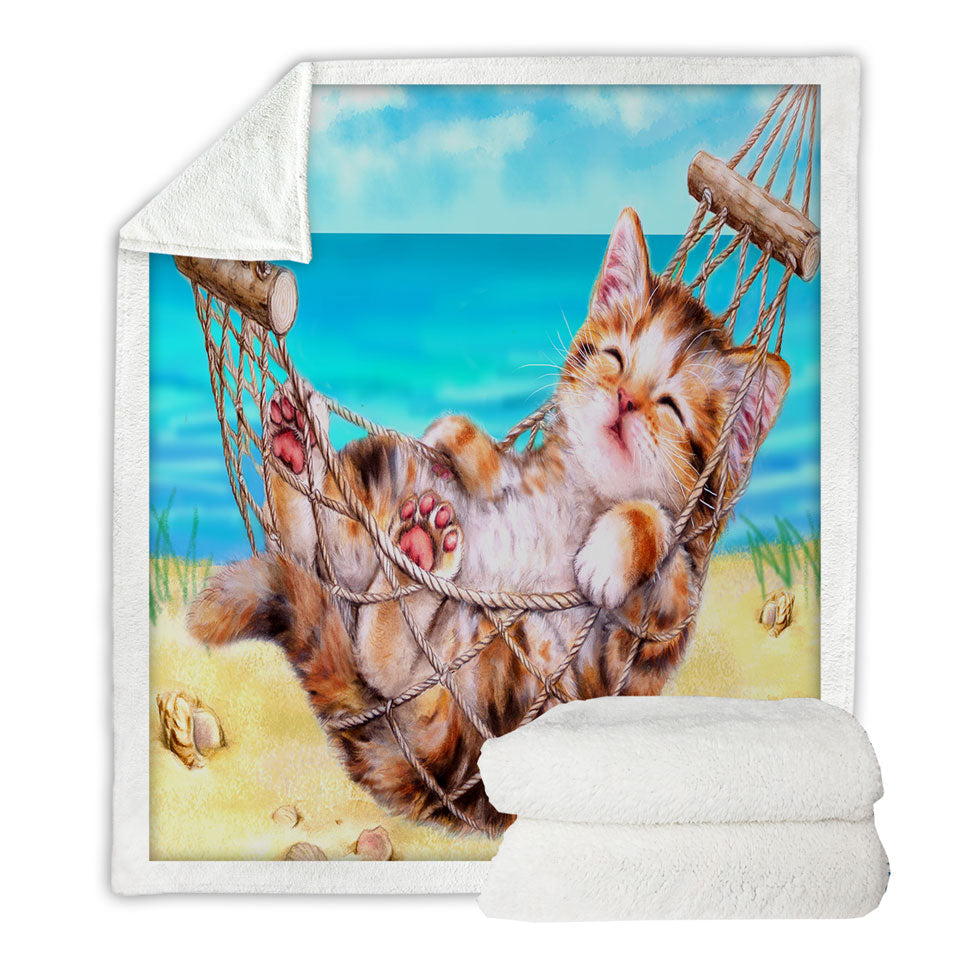 Cute Funny Cat Throw Blanket Art Painting Kitten at the Beach