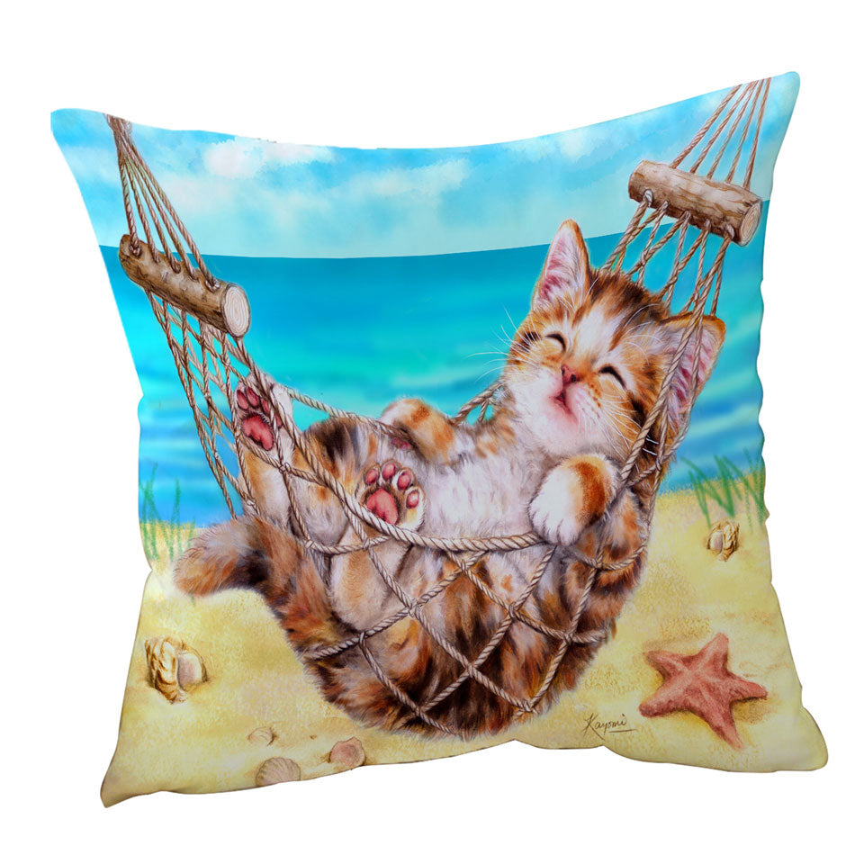 Cute Funny Cat Throw Pillow Art Painting Kitten at the Beach