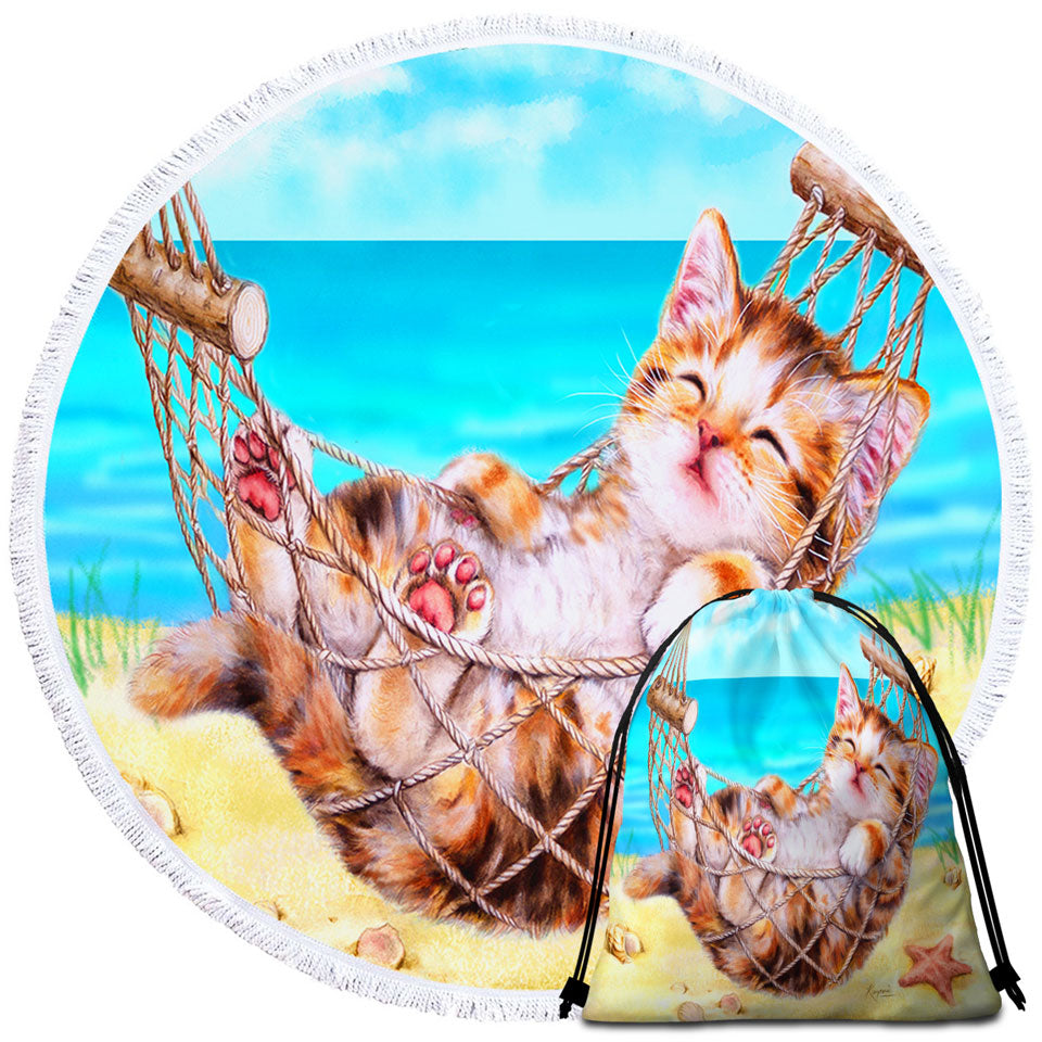 Cute Funny Cat Travel Beach Towel Art Painting Kitten at the Beach