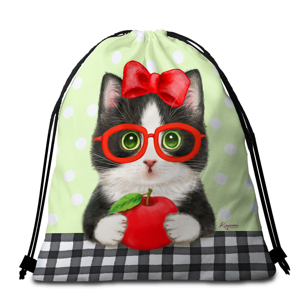 Cute Funny Cats Tuxie with Apple and Glasses Beach Towel Bags