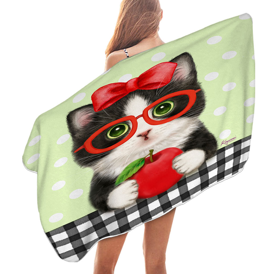 Cute Funny Cats Tuxie with Apple and Glasses Beach Towels