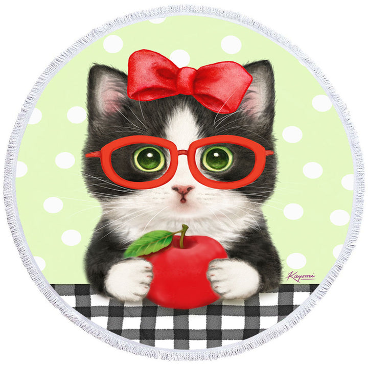 Cute Funny Cats Tuxie with Apple and Glasses Circle Beach Towel