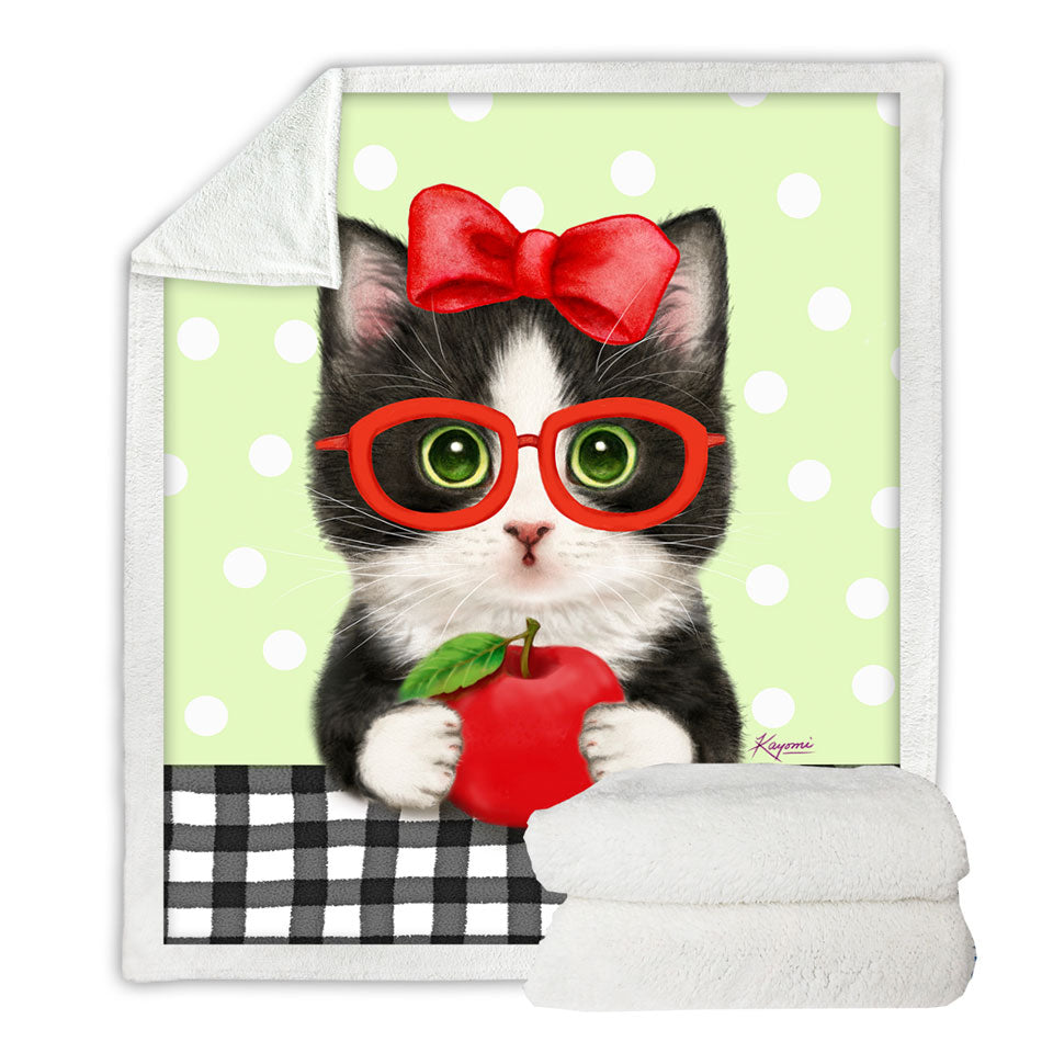 Cute Funny Cats Tuxie with Apple and Glasses Fleece Blankets