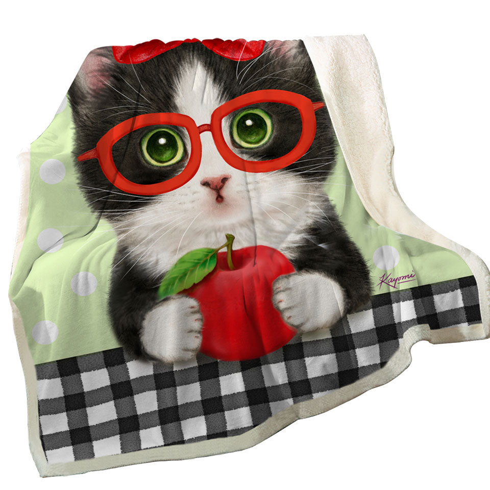 Cute Funny Cats Tuxie with Apple and Glasses Sherpa Blanket