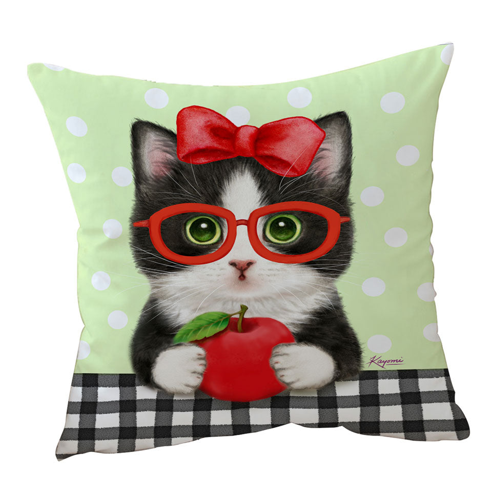 Cute Funny Cats Tuxie with Apple and Glasses Throw Pillow