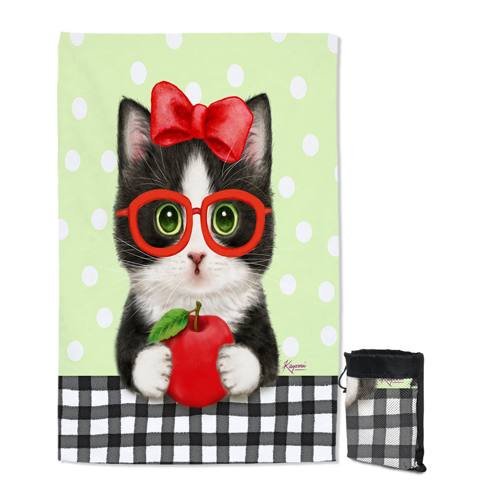 Cute Funny Cats Tuxie with Apple and Glasses Unique Beach Towels