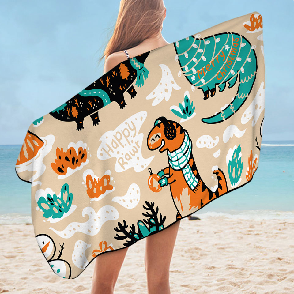 Cute Funny Wintry Dinosaurs Kids Beach Towels