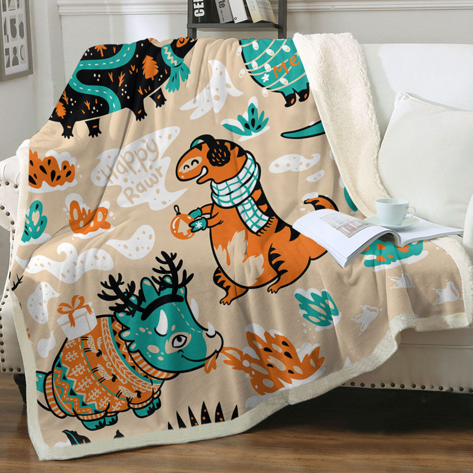 Cute Funny Wintry Dinosaurs Kids Throw Blanket