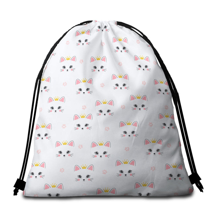 Cute Girls Beach Towel Bags Adorable Cat Princess and Paw Pattern