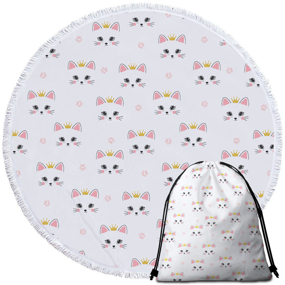 Cute Girls Beach Towels and Bags Set Adorable Cat Princess and Paw Pattern