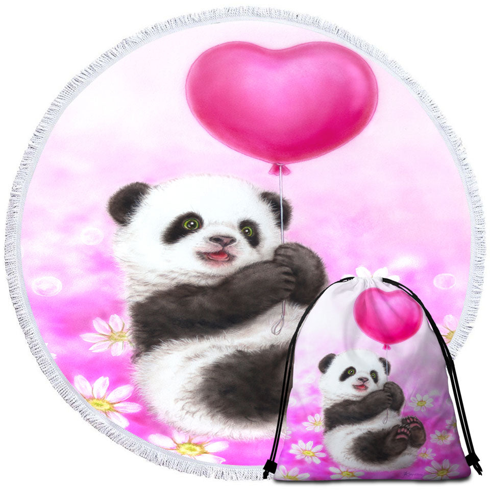 Cute Girls Beach Towels and Bags Set Design Flowers Heart Balloon and Panda