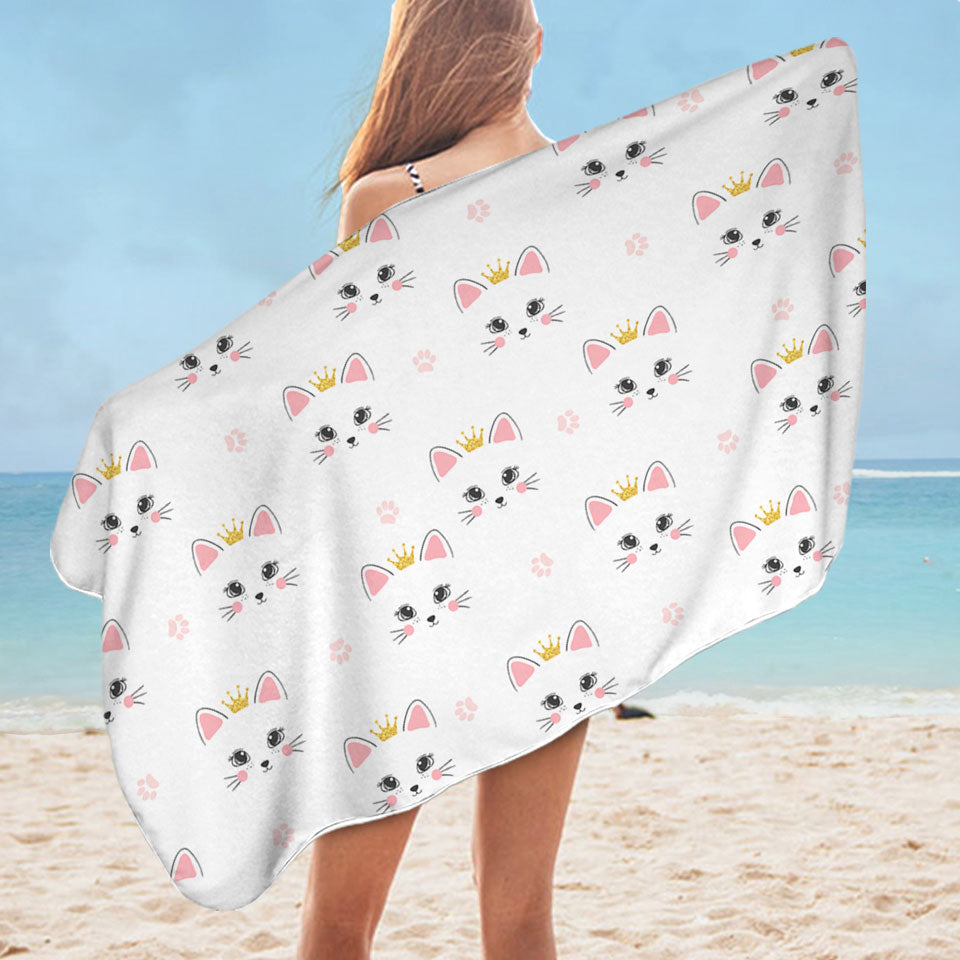 Cute Girls Lightweight Beach Towel Adorable Cat Princess and Paw Pattern